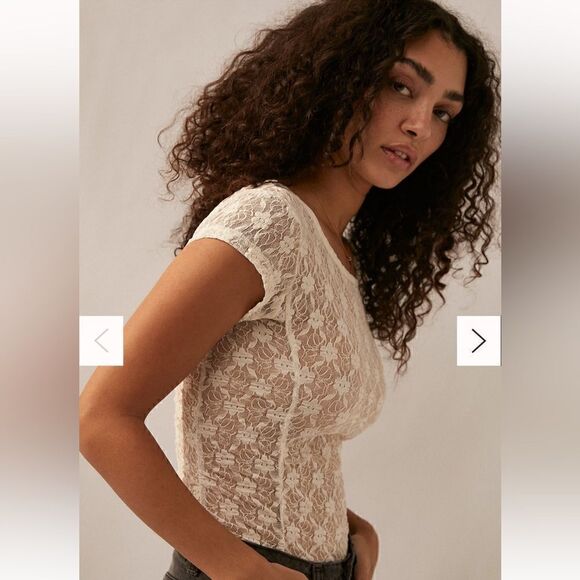 NWOT Free People Keep It Simple Lace Baby Tee Ivory Ruched Semi Sheer Fitted XS - Picture 5 of 14